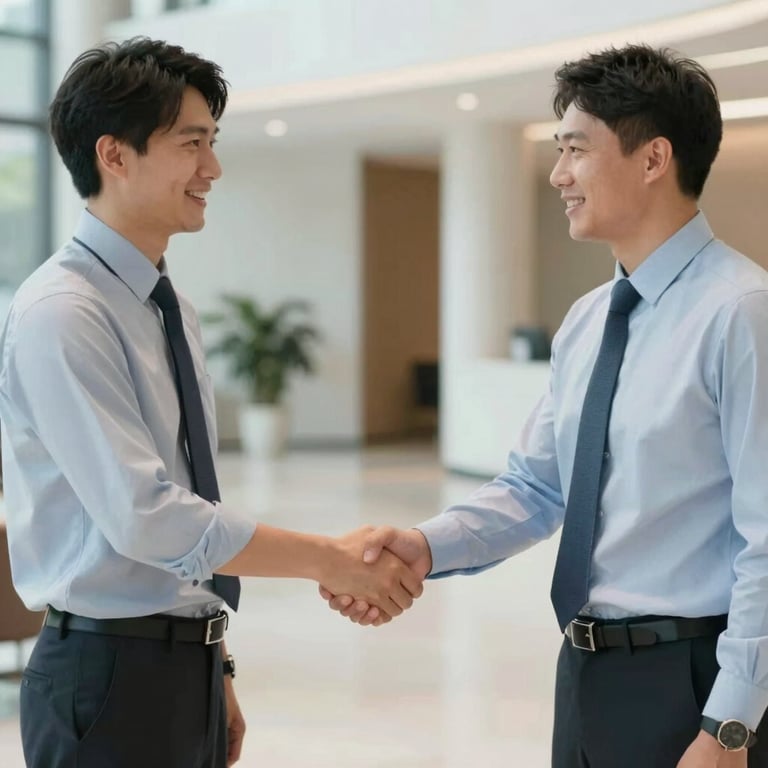 A handshake between a consultant and a client in a well-lit lobby, representing trust and partnership.