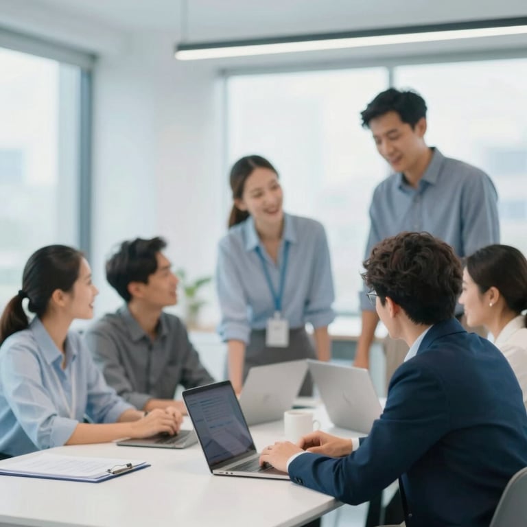 A diverse team of financial experts collaborating in a bright, modern office space with #C7D2DA color tones.