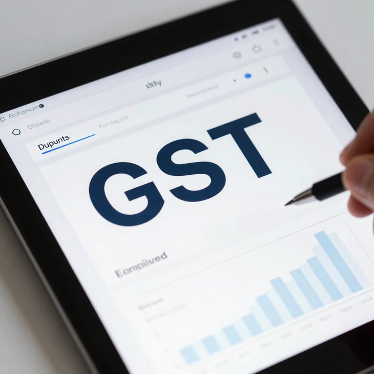 A close-up of a digital tablet displaying GST compliance charts and professional financial reports.