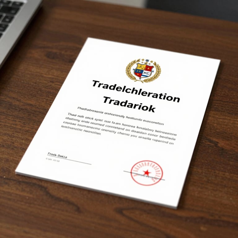 An image of a formal Trademark registration certificate resting on a polished mahogany desk.