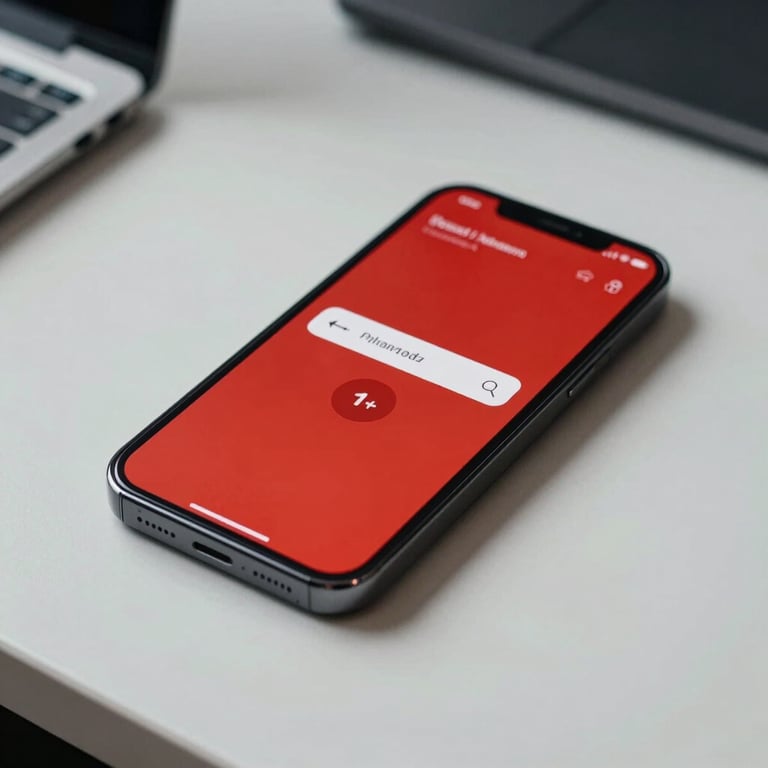 A close-up of a sleek mobile device on a white desk in a North American / US creative studio, crimson red UI elements on screen.