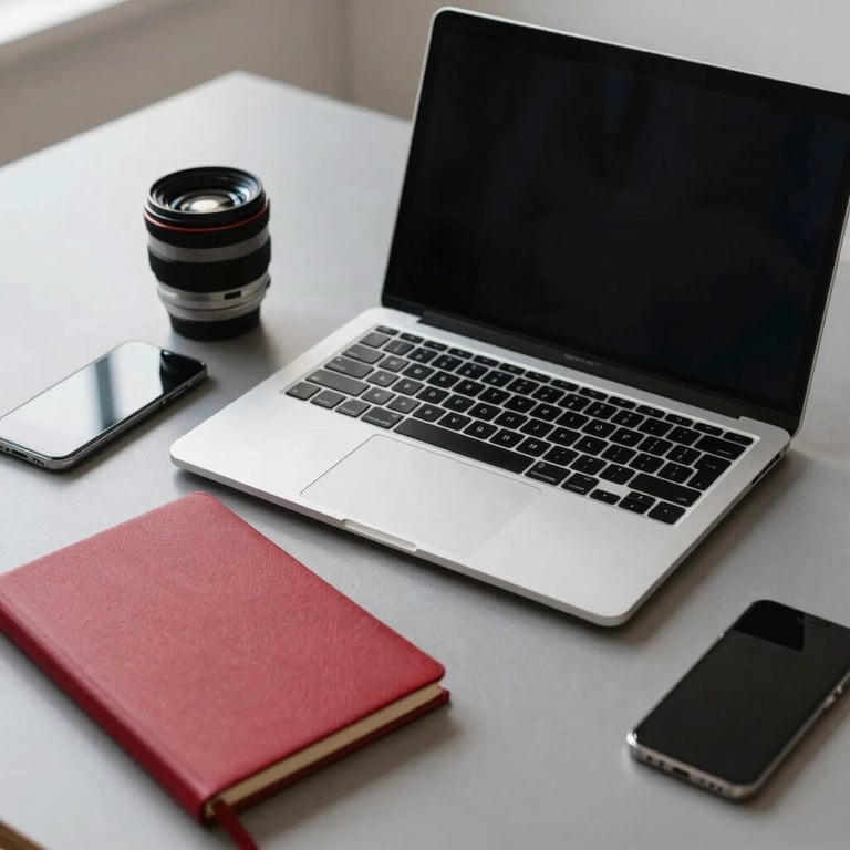 A minimalist North American / US workspace with a laptop, smartphone, and crimson red notebook.