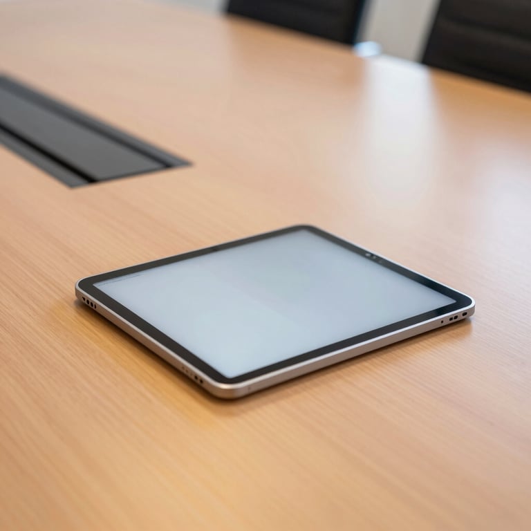 A modern tablet on a conference table in a North American / US boardroom, soft peach and golden yellow reflections.
