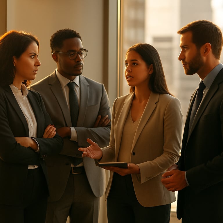 Professionals in a North American / US office standing by a window, discussing strategy, warm golden yellow lighting.