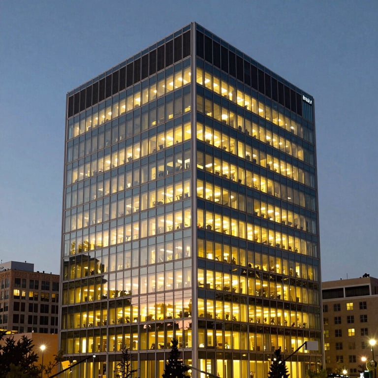 An architecturally striking North American / US tech headquarters at twilight, windows glowing with golden yellow light.