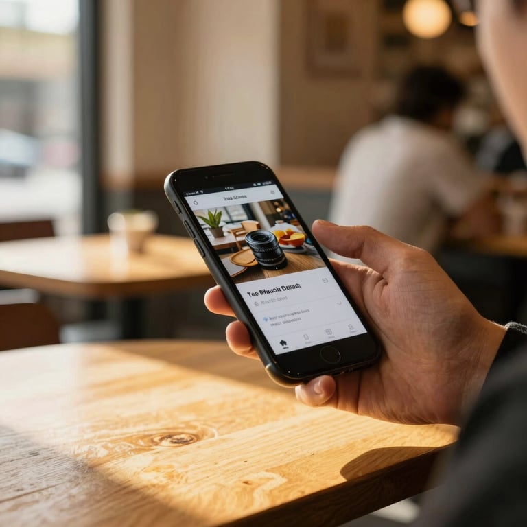 A person using a smartphone with a high-performance app in a North American / US cafe, golden yellow sunlight streaming through windows.
