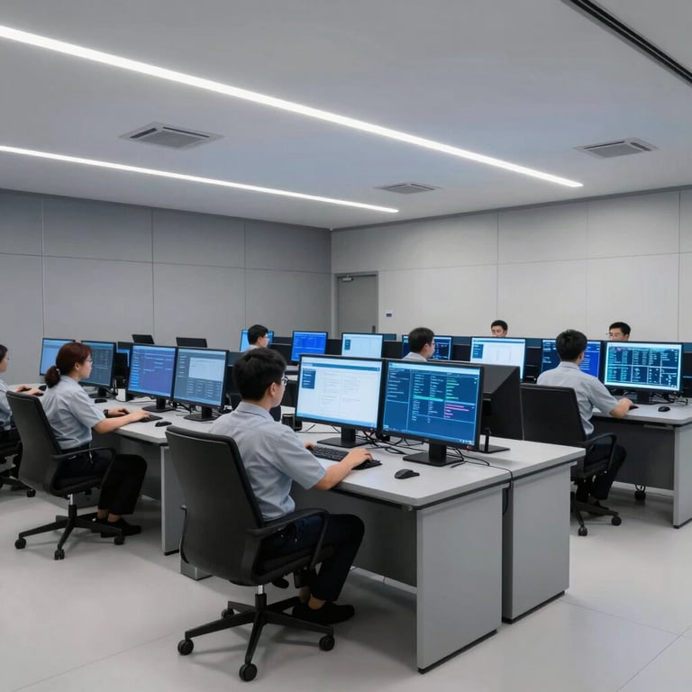 Interior of a high-tech IT command center in Indonesia, minimalist furniture, glowing blue screens, clean and professional.