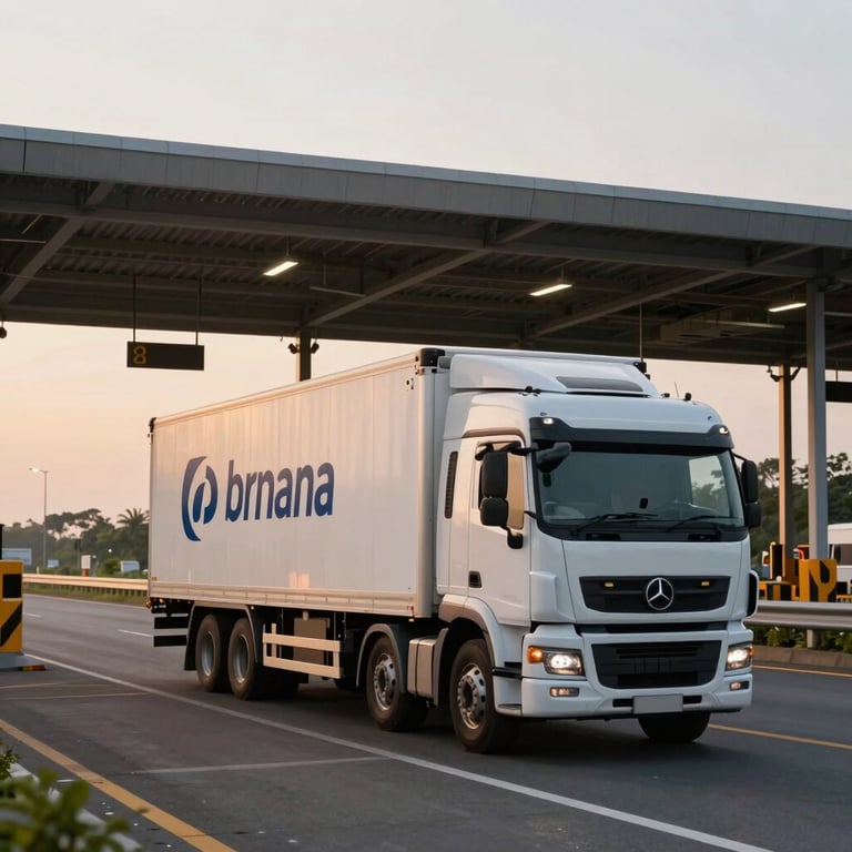 Professional transport logistics truck with subtle corporate branding driving through a modern Indonesian toll road at sunset.
