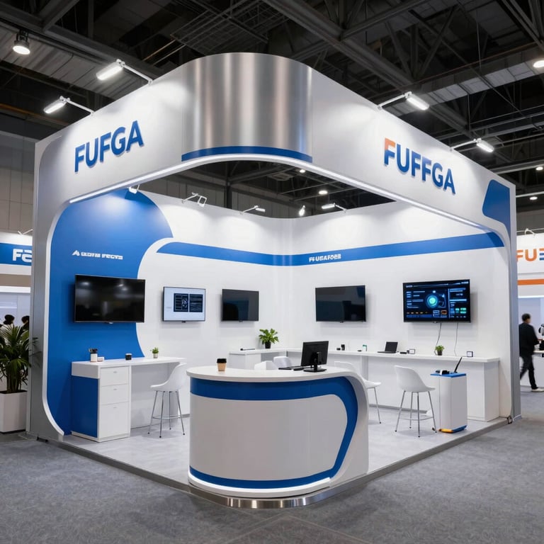 Wide shot of a professional convention and exhibition setup in a bright, modern hall with silver blue decor.