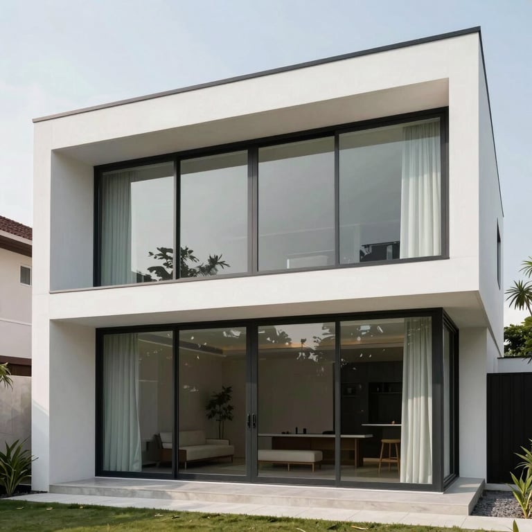 A premium minimalist residential house with large glass windows and white walls, typical of modern Indonesian luxury architecture.