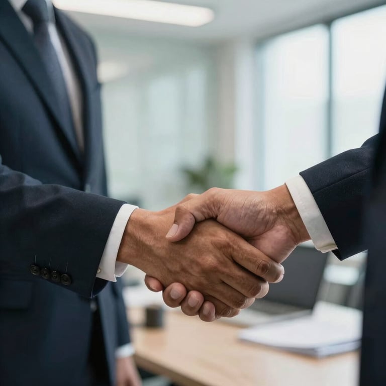 Close-up photography of a professional handshake between two Southeast Asian / Indonesian business partners in a bright office.