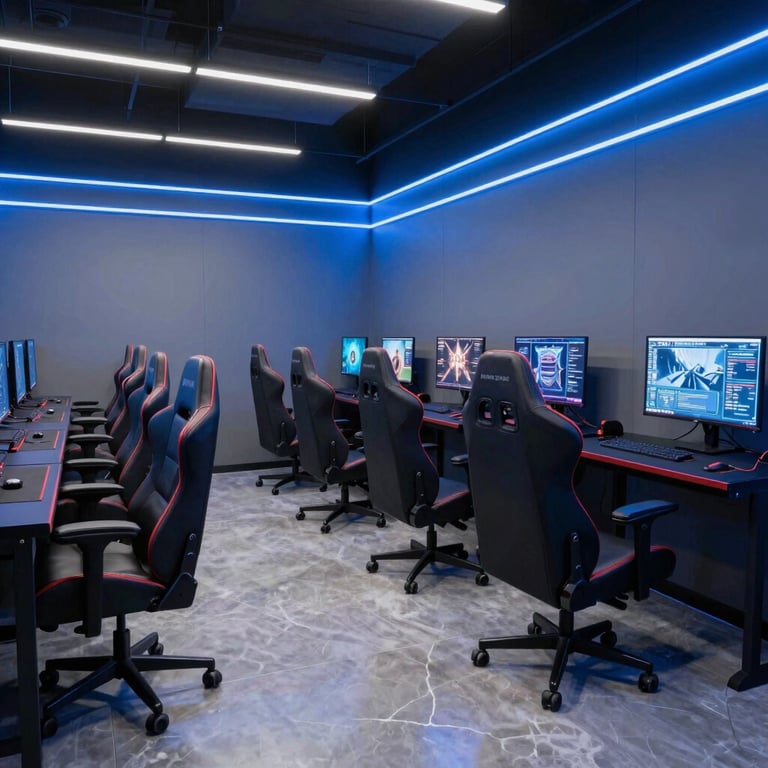 An upscale e-sports and game arena in Indonesia with ergonomic seating and modern blue neon lighting.
