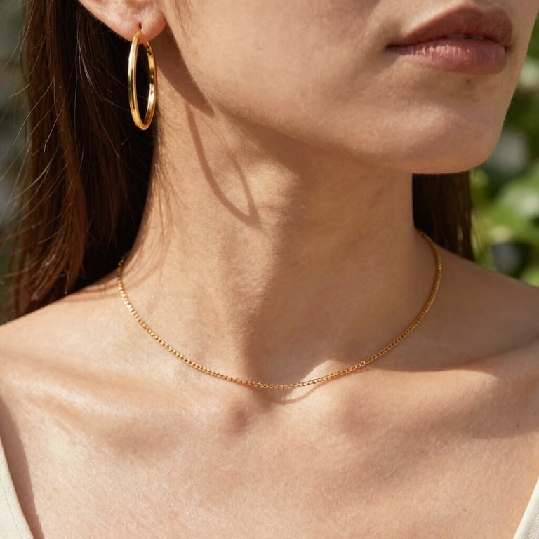 Close-up of delicate gold hoop earrings and a minimal chain necklace on a warm skin tone, sun-drenched lighting