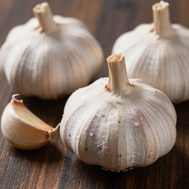 Macro shot of fresh, clean Egyptian garlic bulbs on a dark wooden surface. Professional B2B photography.