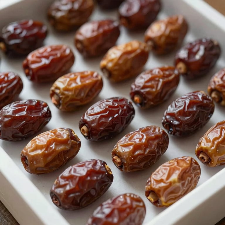 Close-up of premium Medjool dates arranged neatly in export packaging.