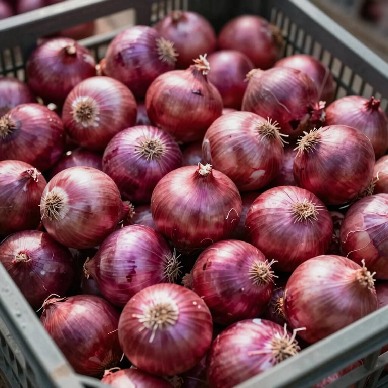 A crate of vibrant red onions ready for export, captured in bright natural light.