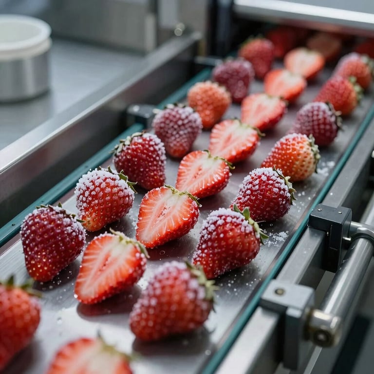 Vibrant frozen IQF strawberry halves on a sterile industrial conveyor belt, highlighting freshness.