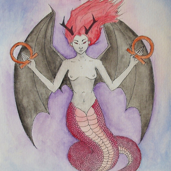 Watercolor painting of a mermaid-like demoness with red hair, dark wings, and a pink scaly tail, holding symbols