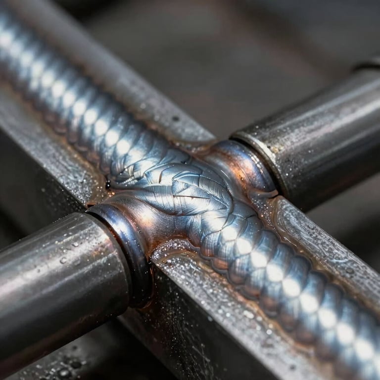 Close-up macro shot of a clean, uniform weld bead on a heavy steel joint, high-contrast industrial lighting highlighting the precise metallic texture.