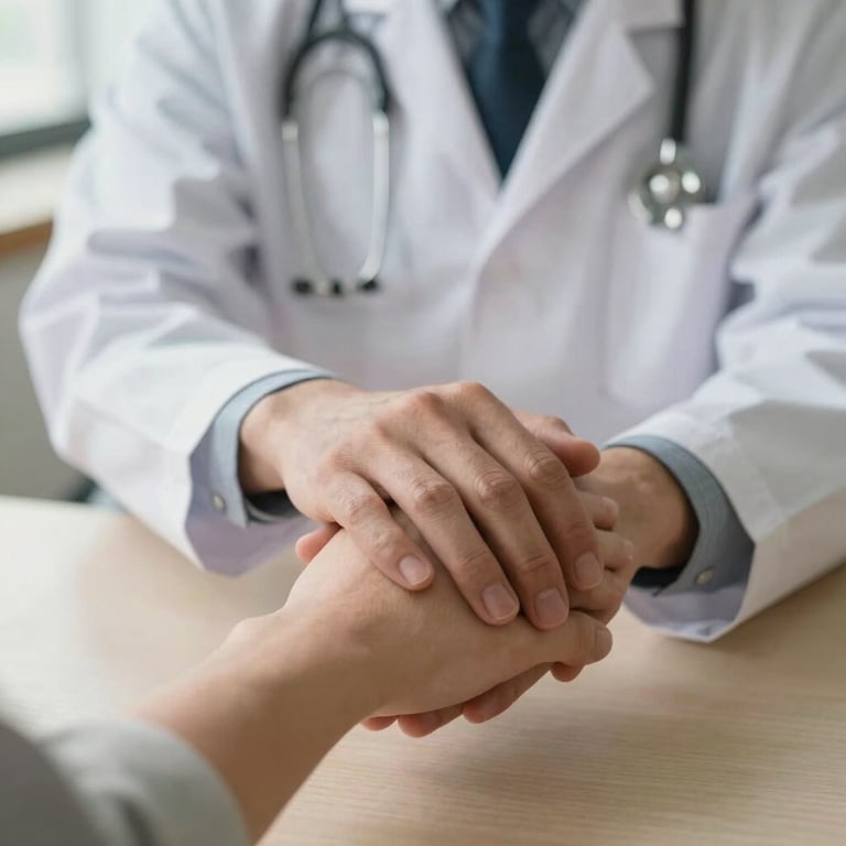 Close-up of a doctor gently holding a patient's hand during a consultation, warm natural light, focus on the supportive gesture, soft neutral background