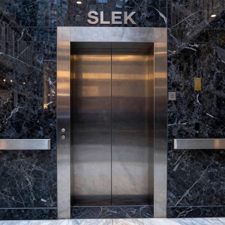 Sleek elevator lobby in a Chicago office building, featuring dark navy marble and brushed metal.