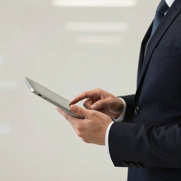 Close-up of a person in professional business attire holding a tablet in a clean, off-white hall.