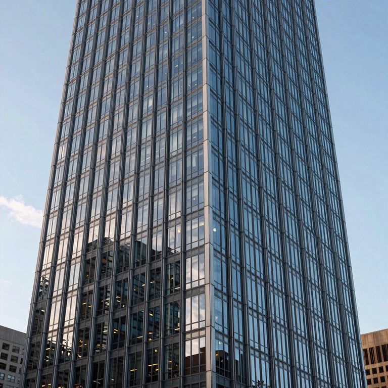 Modern architectural detail of a glass and steel skyscraper against a clear sky, North American city.