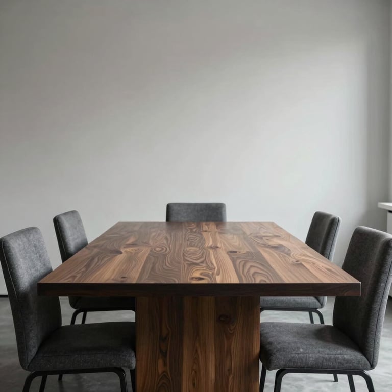 Minimalist boardroom with a dark wood table and slate grey chairs, professional lighting, US.