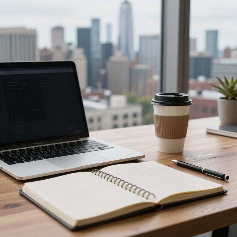 An organized desk with a laptop, a notebook, and a coffee cup, looking out at an urban US skyline.