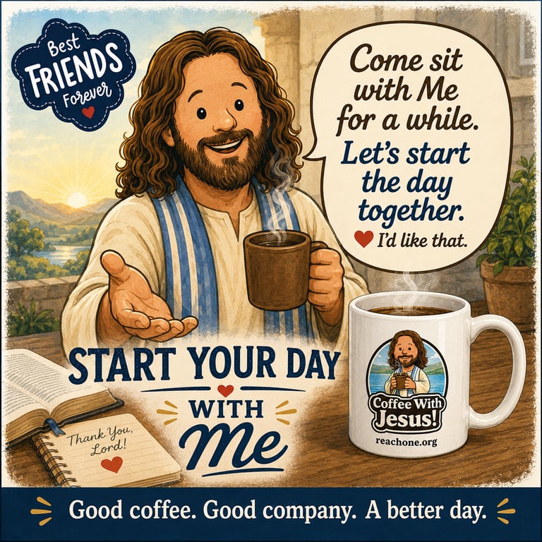 Cartoon style invitation to use your mug to have coffee with Jesus