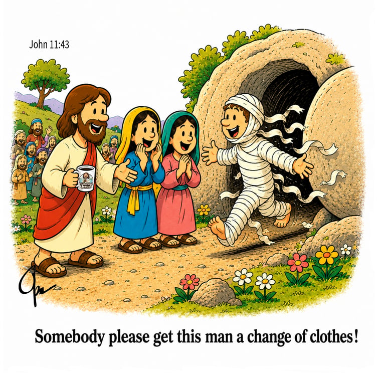 Cartoon by Opa of Jesus (holding a CWJC cup) happily calling on somebody to get Lazarus clothes.