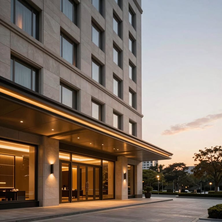 The exterior of a luxury boutique hotel at sunset, featuring clean architectural lines and warm lighting in a city environment.