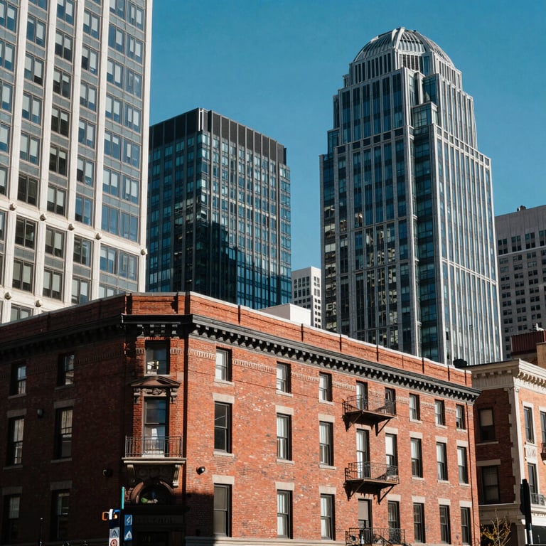 Modern Denver streetscape combining historic brick and modern glass architecture under a bright blue sky, North American / US.
