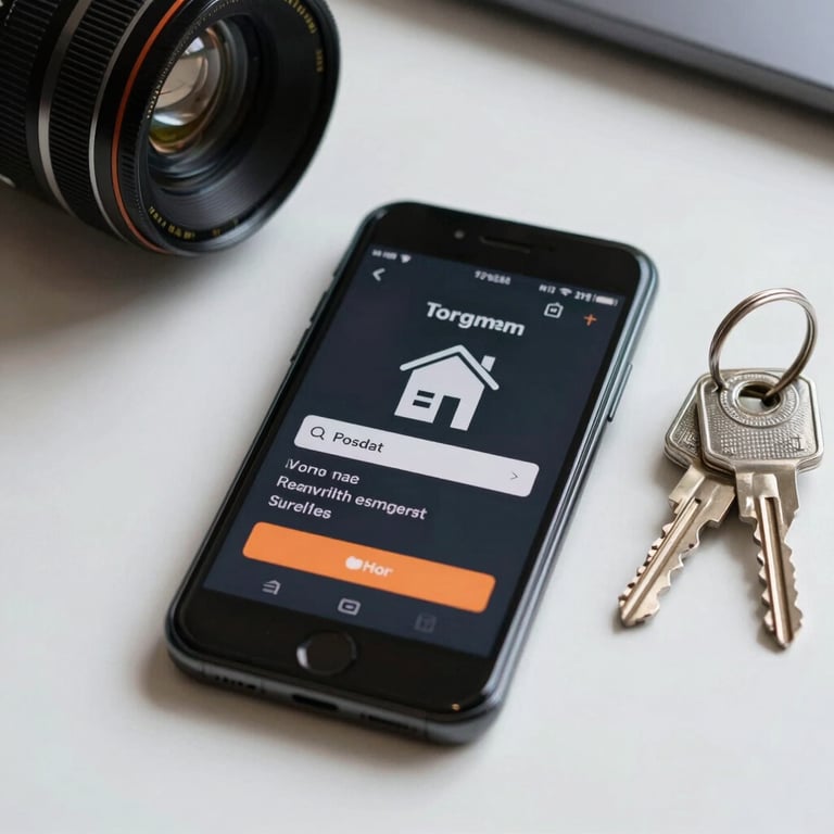 Close-up of a sleek smartphone displaying a digital property token next to a set of modern keys on a white desk.