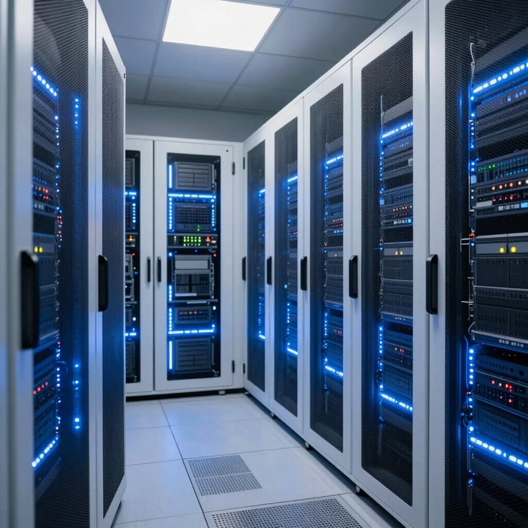 A sophisticated data center hallway with white surfaces and glowing electric blue LED strips, representing digital infrastructure.