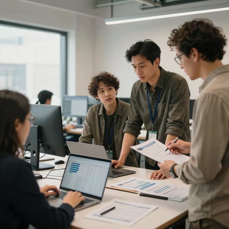 A collaborative tech workspace in Denver with professional people in smart-casual attire discussing real estate data, North American / US.