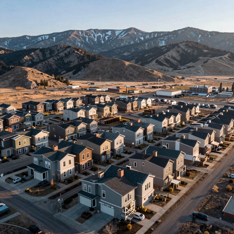 Aerial photography of a new residential housing development in the Colorado front range mountains, crisp morning light.