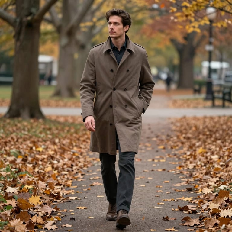 A lifestyle shot of a man in a muted brown coat walking through a quiet, leaf-strewn North American / US park in autumn.
