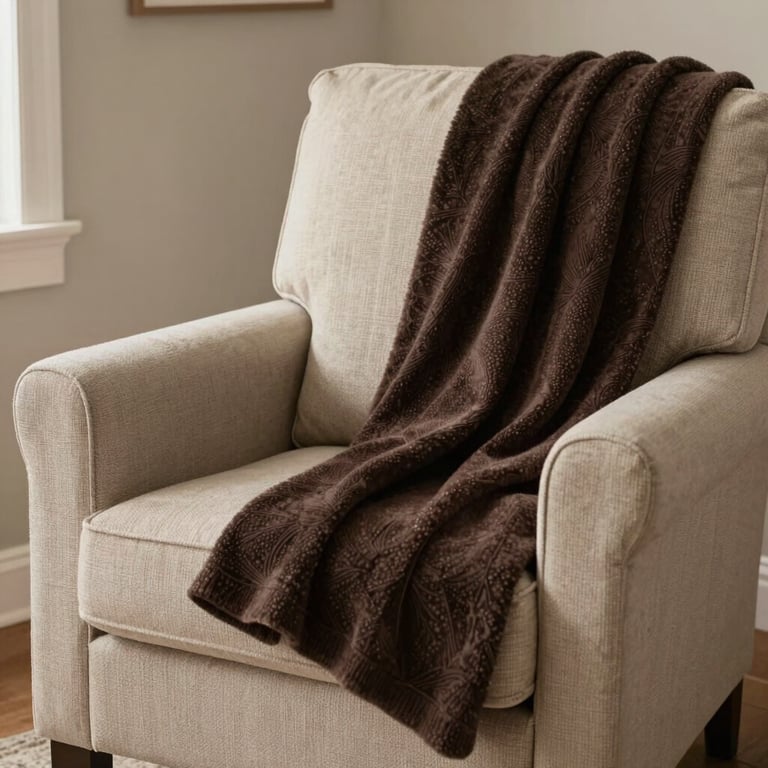 A cozy seating area with a beige armchair and a dark brown throw blanket, soft lighting, North American / US residential vibe.