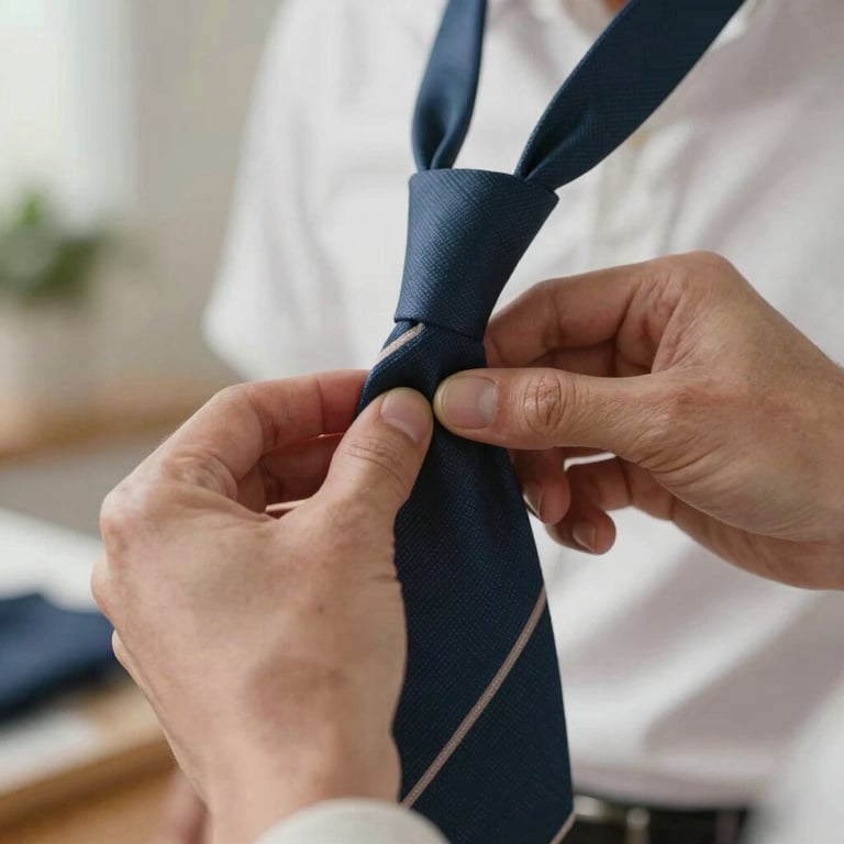 A pair of hands tying a tie or folding laundry with precision, focusing on domestic skills in a clean North American / US household setting.