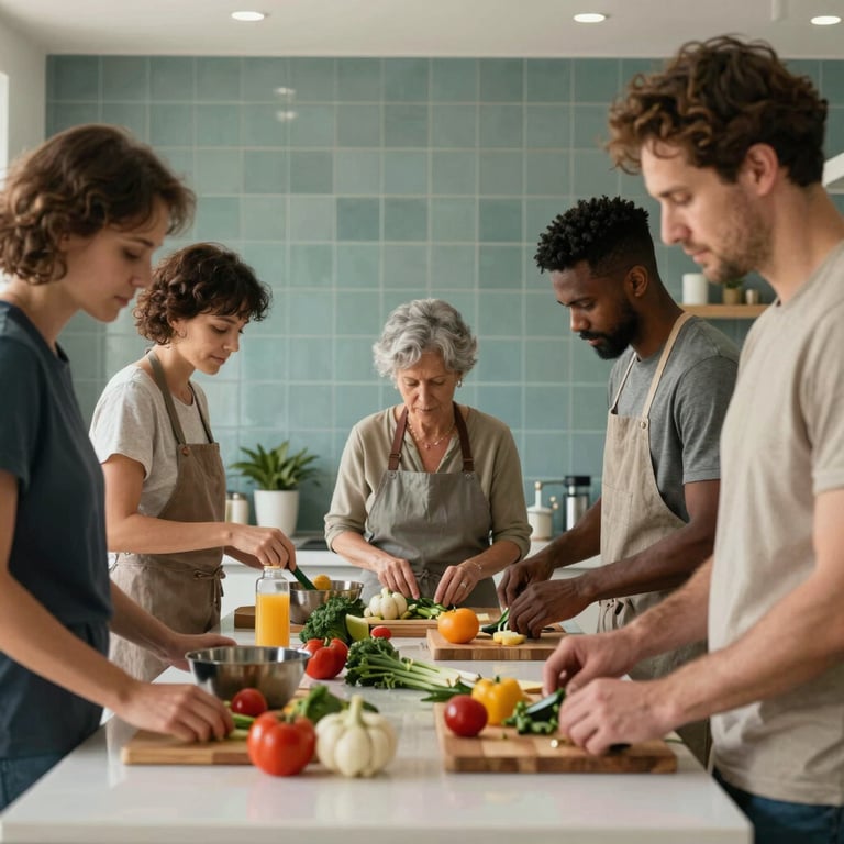 A diverse group of adults practicing healthy cooking techniques in a modern North American / US kitchen with muted teal tiles.