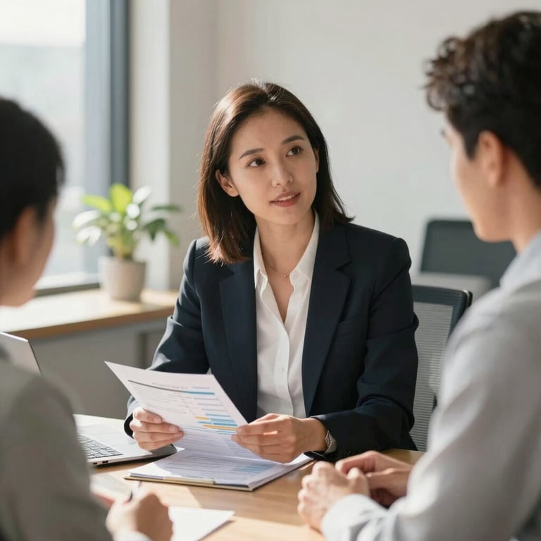 A professional financial planner explaining a budget chart to a client in a sunlit North American / US office space.