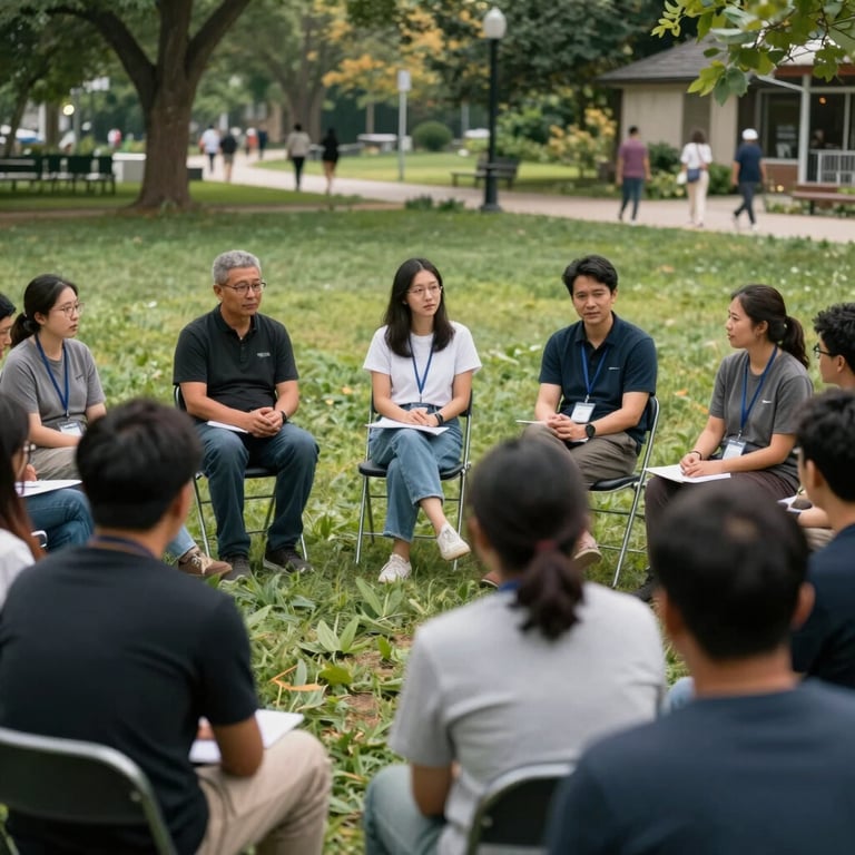 An outdoor communication workshop where participants are practicing active listening in a North American / US public park.