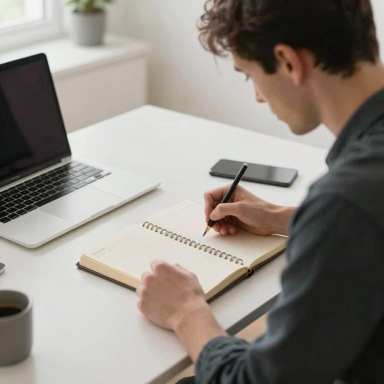 A focused adult participant writing in a goal-setting journal at a desk in a bright North American / US home office, cloud white furniture.