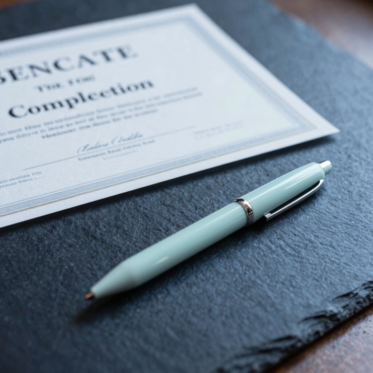 A high-quality close-up of a certificate of completion resting on a dark slate blue tabletop with a soft seafoam pen.