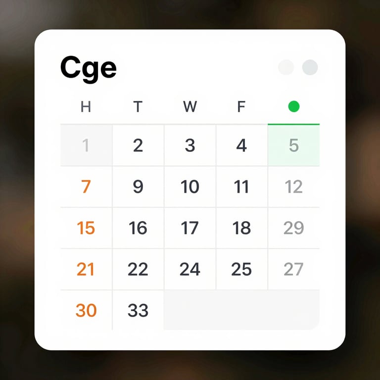 High-fidelity, simplified UI wireframe showing a clean calendar scheduling block with terminal green status indicator, flat UI lighting, soft drop shadows, monospace typography.