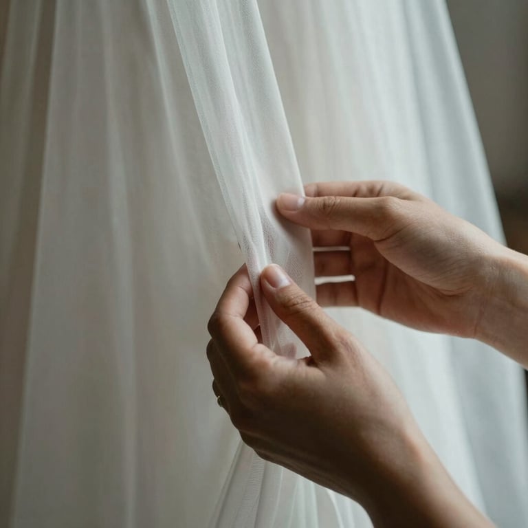 Macro shot of a bride's hands gently holding a silk veil, soft natural side lighting, minimalist composition.