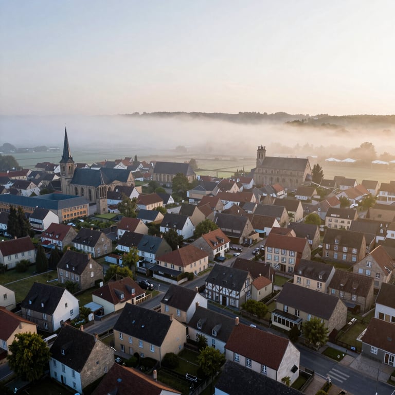 Aerial view of a quiet village in Bas-Rhin under a soft mist white morning sky.