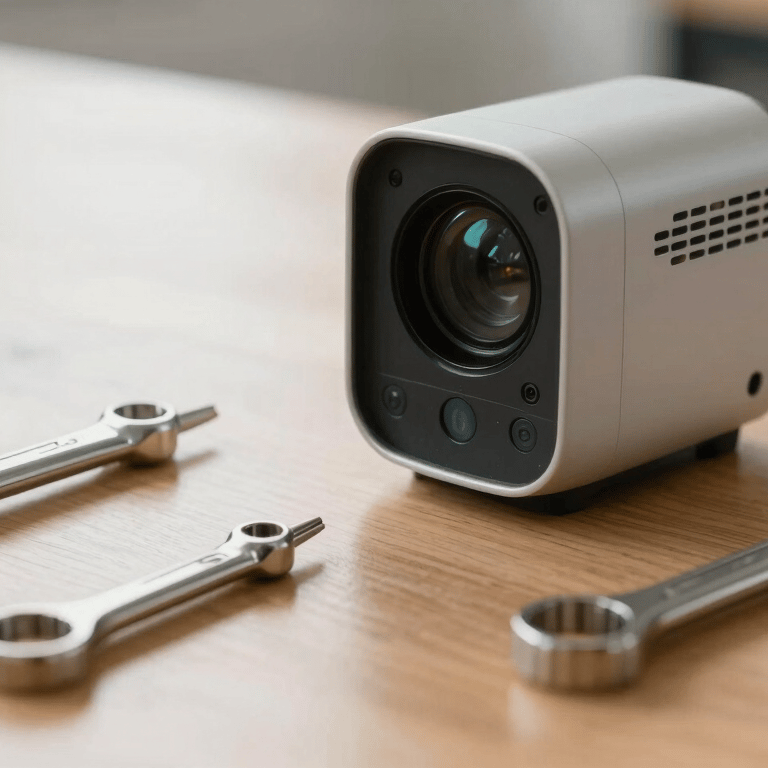 Handheld smartphone displaying a sleek security app interface with a blurred pale sage living room background.