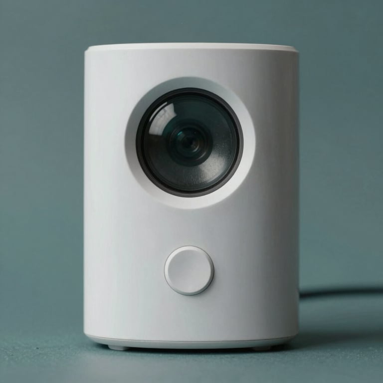 Detailed macro shot of a professional motion sensor with minimalist lines in a mist white and muted teal environment.